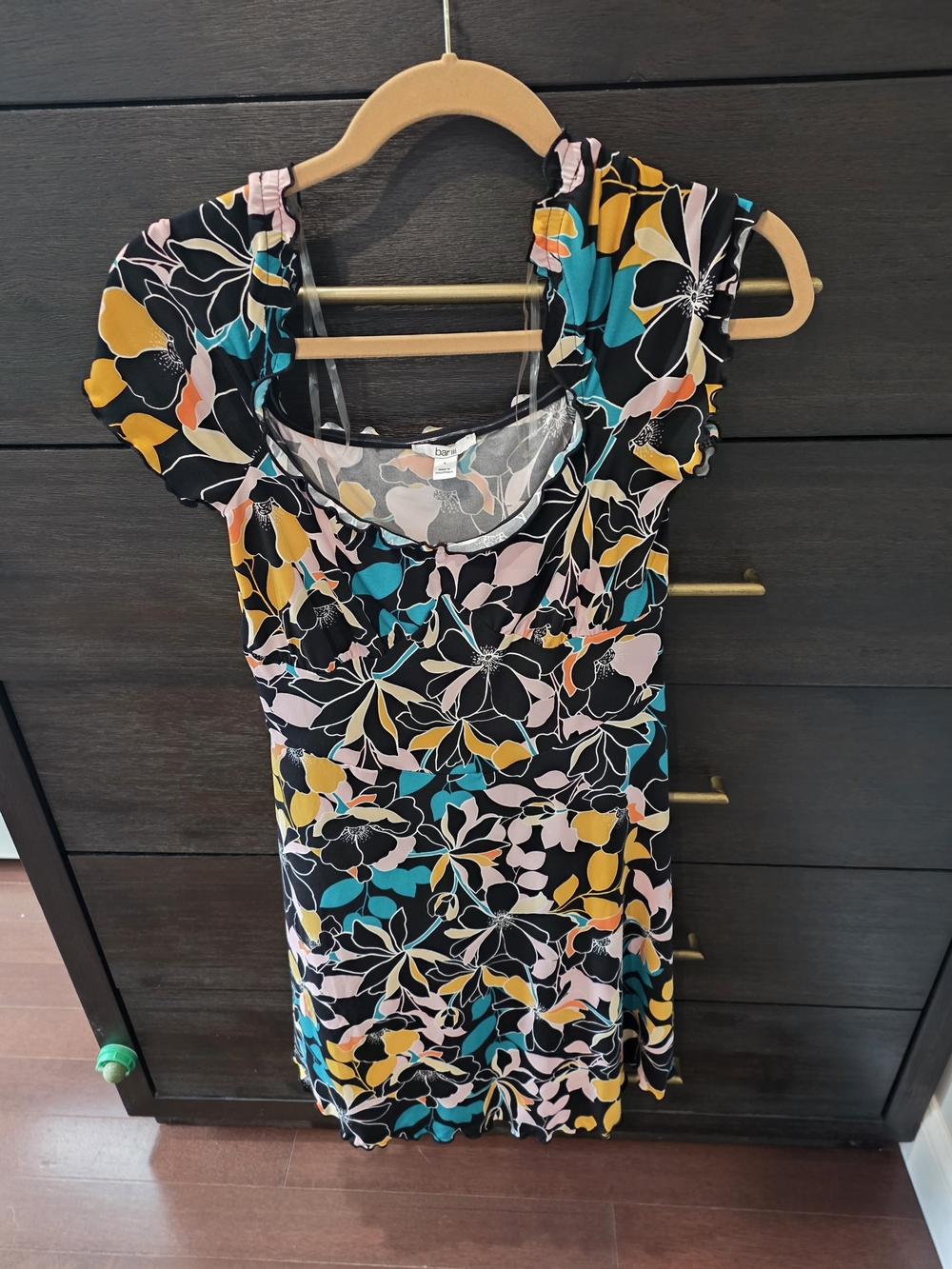 Bar III Black Floral Mini Dress with Teal, Mustard & Pink Accents
